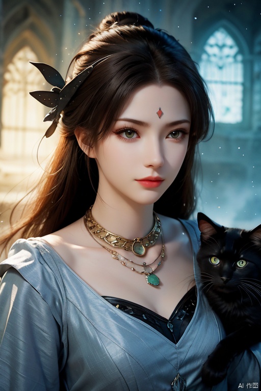 1girl ,Witch,Petting a black cat,Wearing a mysterious black necklace,At the secret base. Moreover,The witch is surrounded by a magical aura,Her skin shows pale and mysterious tones