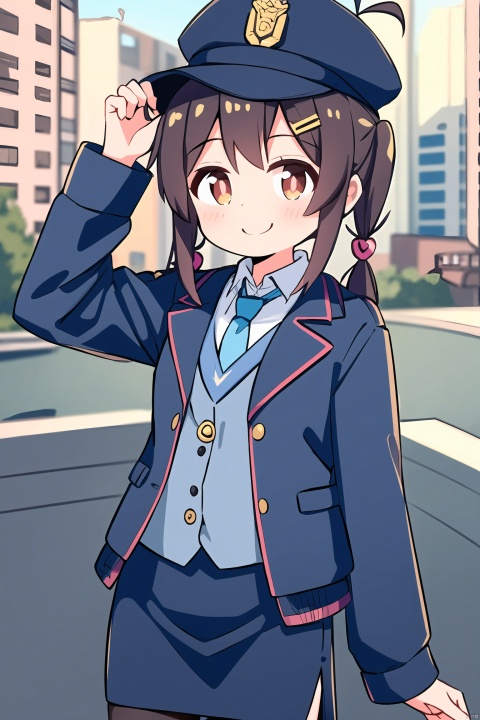 solo,1girl,fubuki,smug,jitome,smile,twintails,streaked hair,antenna hair,heart hair ornament,police hat,red eyes,police uniform,white jacket,blue vest,blue necktie,pencil skirt,black pantyhose,cowboy shot,cityscape,streets