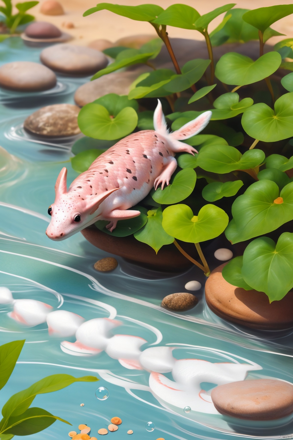 a cartoon drawn creature, 1creature, Axolotl, white creature, salamander, solo, smile, no humans, nature, plant, leaf, bubbles, river, pebble
