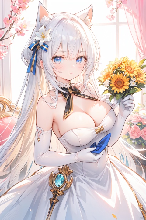  1girl, solo, long hair, breasts, blue eyes, blonde hair, hair ornament, gloves, dress, , holding, bare shoulders, medium breasts, weapon, flower, elbow gloves,white gloves, holding weapon, white dress, hand on hip, strapless, wind, strapless dress, center opening, over shoulder, pillar, weapon over shoulder,(8K wallpaper),high quality,kemonomimi mode,huge breasts,side_boobs,breast_milking,cuteloli,naked,wedding dress,nsfw，red and blue and yellow and purple, white and black and silver and gold and pink and green and brown and orange