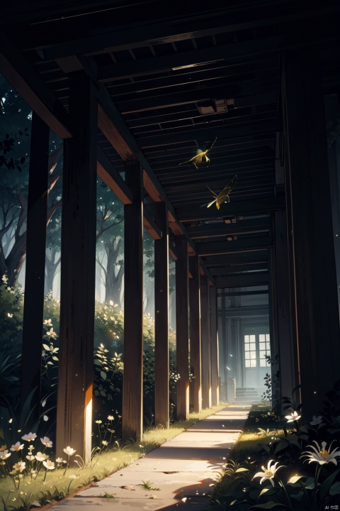 Masterpiece, best quality, 8K, high res, ultra-detailed, no humans, beautiful view, ultra -detailed, fine detailed, highly detailed, intricate, highly detailed, ultra-detailed, scenery, misty atmosphere, solitary, intricate details, delicate features, deep forest, wisps of light, pristine, japanese temple, mysticism, night, red lanterns burning, fireflies, fiery butterflies, gloomy atmosphere, temple in the forest, mossy stairway in the temple, mysterious forest, dilapidated temple, sanctuary, will-o'-the-wisps, dilapidated temple, field of spider lily flowers, wild nature oil painting