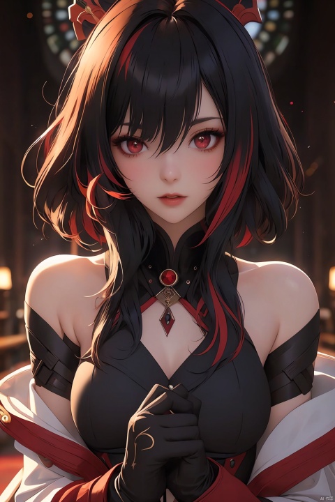  (masterpiece, best quality, best shadow,official art, correct body proportions, Ultra High Definition Picture,master composition),(bust:1.4), (light), (best hands details:1.4), 
//////
1girl, solo, breasts, looking at viewer, bangs, simple background, black hair, red eyes, gloves, long sleeves, hair between eyes, short hair, jewelry, upper body, white hair, multicolored hair, parted lips, teeth, black gloves, black eyes, two-tone hair, lips, streaked hair, coat, symbol-shaped pupils, ring, white coat, red pupils, x-shaped pupils, 
//////
(dark background), church, light, 
//////
1girl, cute girl,