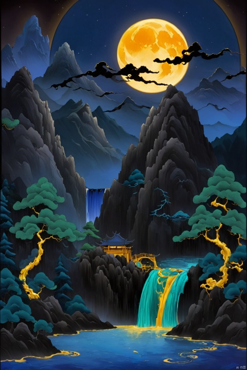  guofeng,no humans, on a dark and picturesque night, a huge full moon rose high, black towering mountains blocked part of the moon, there was a golden waterfall flowing down from the mountain, and some pine trees were faintly seen on the mountain,Tranquil, mysterious landscape, dark cliffs, no buildings, moon in the water