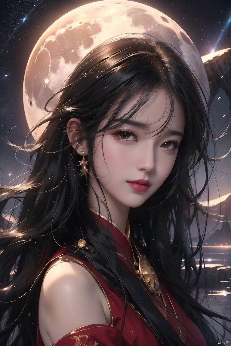  leogirl, cute 1girl, messy long black hair,detailed face, realistic, photorealistic, (studio light:1.2),smile，A painting of a river with stars and moon in the sky,concept art inspired by Tosa Mitsuoki,pixiv contest winner,best quality,fantasy art,beautiful anime scene,golden moon. A bright moon,starry sky environment under the moonlight,dream painting,anime background art,fantasy landscape art,dreamy night,anime background,background artwork,dreamy art,atmospheric anime,starry sky,details enhanced.