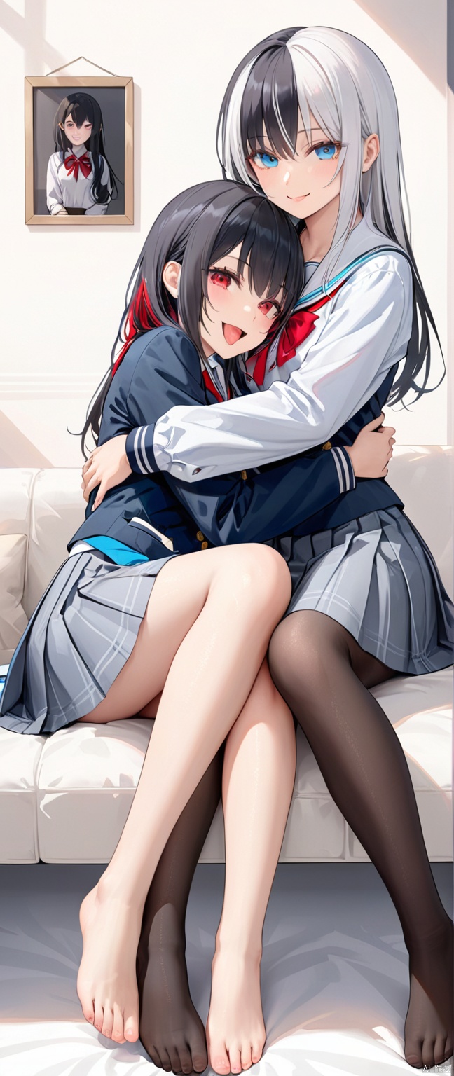  the best quality, masterpiece, super details, fine fabrics, high detail skin, finely detailed eyes and detailed face,smooth skin,extremely fine and detailed,Perfect details, high resolution, the whole body,White hair and red eyes,blue eyes,Black long hair,breast,hug,2girls,Bare leg,toes,black Pantyhose,school uniform,smile,stick out your tongue,sitting