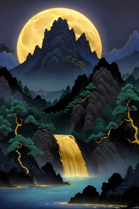  guofeng,no humans, on a dark and picturesque night, a huge full moon rose high, black towering mountains blocked part of the moon, there was a golden waterfall flowing down from the mountain, and some pine trees were faintly seen on the mountain,Tranquil, mysterious landscape, dark cliffs, no buildings, moon in the water