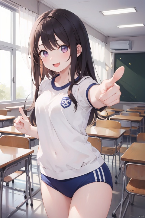classroom, 2girls, slender, gym uniform, buruma, happy laughing, 17 years old, nice body, posing, pointing at viewer, ((masterpiece)), ((best quality)), (ultra-detailed)