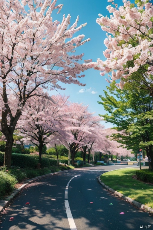 original,(illustration:1.1),(best quality),(masterpiece:1.1),(extremely detailed CG unity 8k wallpaper),(colorful:1.2),sakura tree,sakura petals,landscape,river,road