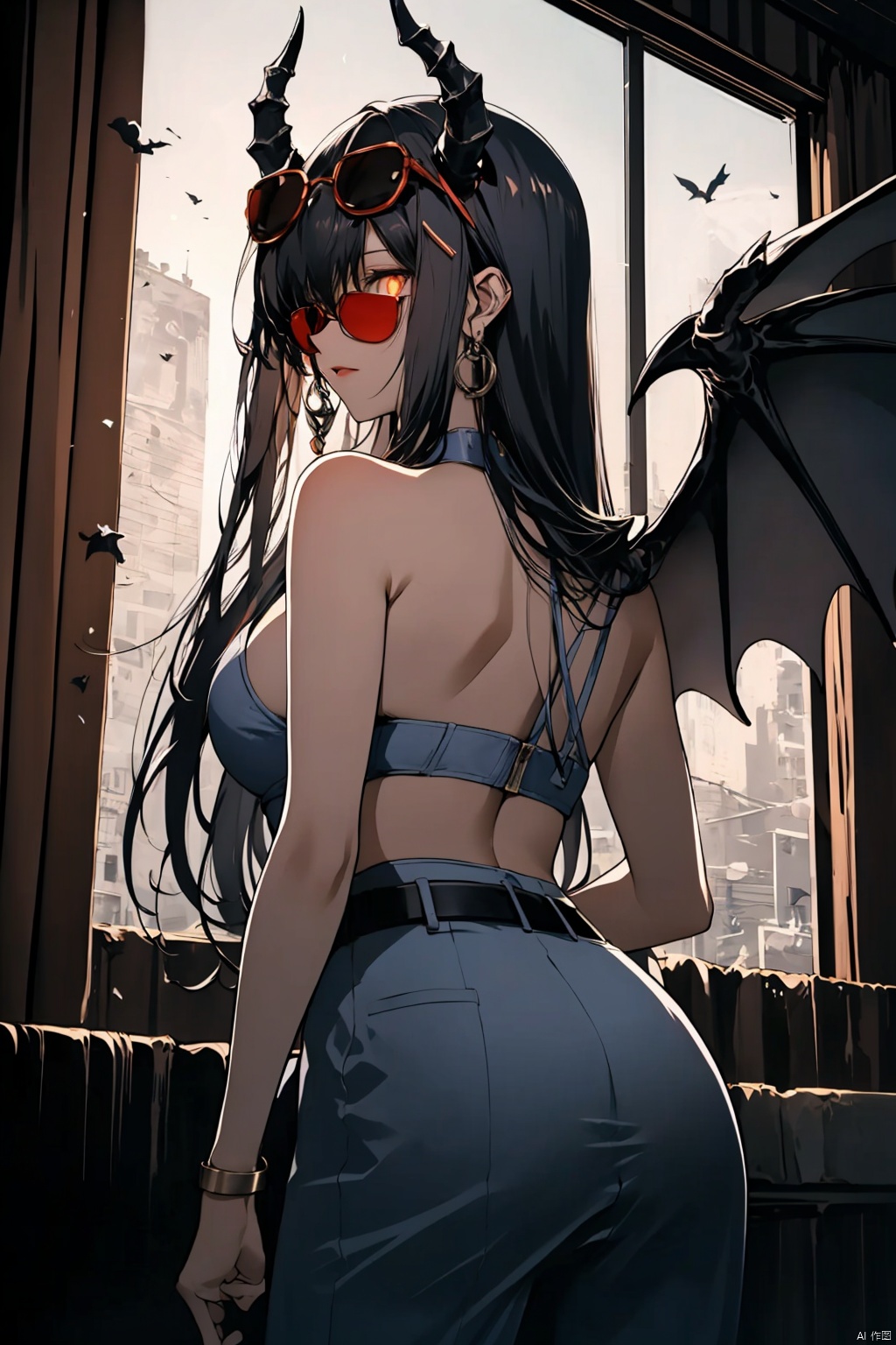  maam, dragon quest, insanevoid, glowing eyes, extra eyes, horror \(theme\), Demon Girl, Horns, Wings， (masterpiece, best quality:1.4), bar, indoors, ((dark theme:1.2)), colorful, cyberpunk, Glowing, 1girl, (sunglasses on head), cool, backlighting, looking back