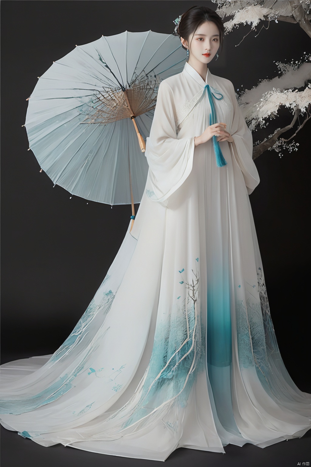 
/I Foreground a tree, an ancient Chinese beauty holding an umbrella, cyan and white color matching, ink painting minimalist style, large white space, tulle translucent material, soft gradient, perspective aesthetics