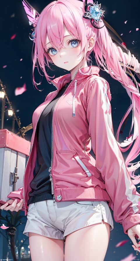 1girl, extremely detailed,8k, beautiful, detailed eyes,  (hair ornament, cube hair ornament, blue eyes, pink long hair, pink track jacket, bangs, hair between eyes), looking at viewer, close up, (elegant pose),strong dark colors, (depth of field), (dynamic), (epic),sharp focus, (intricate details), Full color, outdoor, cowboy shot