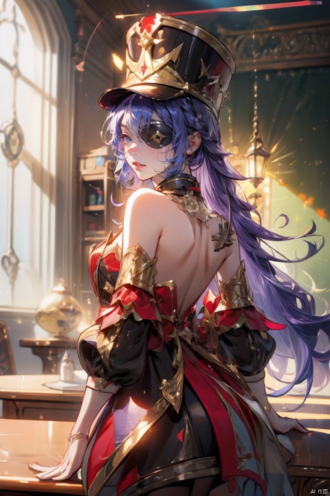  (masterpiece, best quality, best shadow,official art, correct body proportions, Ultra High Definition Picture,master composition),(best hands details:1.2), (backlight:1.4) ,
//////
 1girl , (Purple hair) , plump, sexy, ((black eyepatch)) ,(smile) ,
//////
dark background ,
//////
1girl, hevreuse_\(genshin_impact\), cute girl, Metal_wing，classroom, blackboad, desk, chair, Windows, light_brown_hair, beautiful_hair, brown_eyes, beautiful_eyes, 1_beautiful_girl, cute_face, beautiful, best_quality, good_anatomy