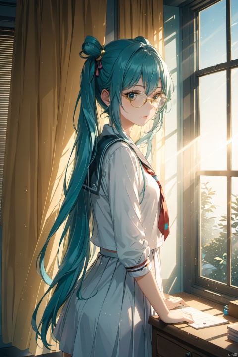  best quality, masterpiece, extremely detailed, high-quality,ray tracing,cinematic lighting,1girl,solo,hatsune miku,serafuku,Golden wire glasses,curtain,classroom,window,closed mouth