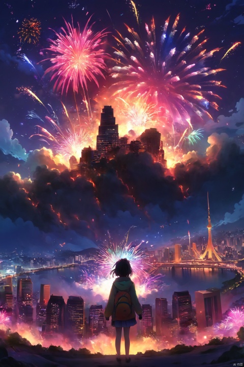 ((anime style)), scenery, (huge colourful fireworks), night sky, distant city, landscape, silhouette of 1girl from behind, lora:more_details:0.5, more_details:-1, more_details:0, more_details:0.5, more_details:1, more_details:1.5