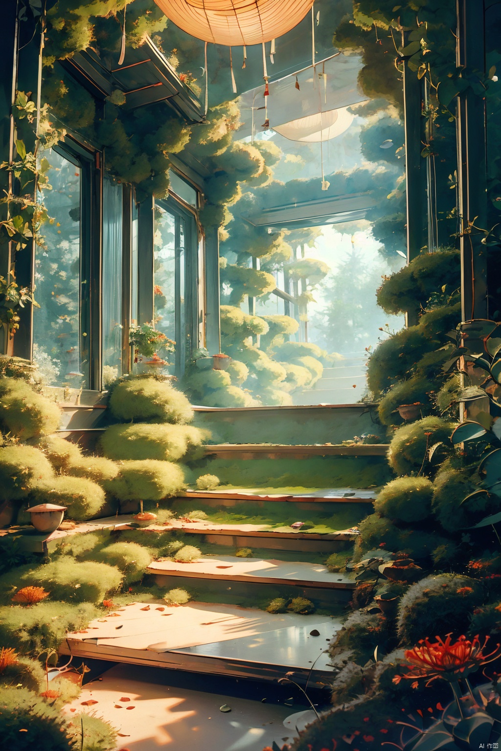  This is a cozy bedroom, decorated mainly in light blue, white, and light yellow colors,green plant, flowers, Beautiful ceiling, sunset, cloudy, presenting an ultra-high definition image effect under natural light. The background is fresh and bright, designed in a 2.5D isometric style using software such as Blender, Octane Renderer, and C4D --ar 3:4 --niji 5 --s200，Masterpiece, best quality, 8K, high res, ultra-detailed, no humans, beautiful view, ultra -detailed, fine detailed, highly detailed, intricate, highly detailed, ultra-detailed, scenery, misty atmosphere, solitary, intricate details, delicate features, deep forest, wisps of light, pristine, japanese temple, mysticism, night, red lanterns burning, fireflies, fiery butterflies, gloomy atmosphere, temple in the forest, mossy stairway in the temple, mysterious forest, dilapidated temple, sanctuary, will-o'-the-wisps, dilapidated temple, field of spider lily flowers, wild nature oil painting