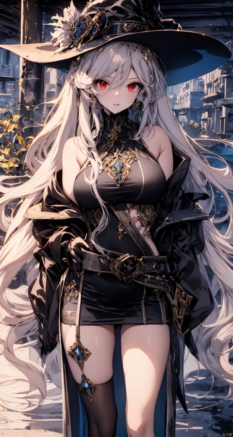  Red eyes, evil, golden, shiny, gold hair,High detailed ,midjourney,perfecteyes,Color magic,urban techwear,hmochako,better witch,witch, witch,Long hair ,long hair
