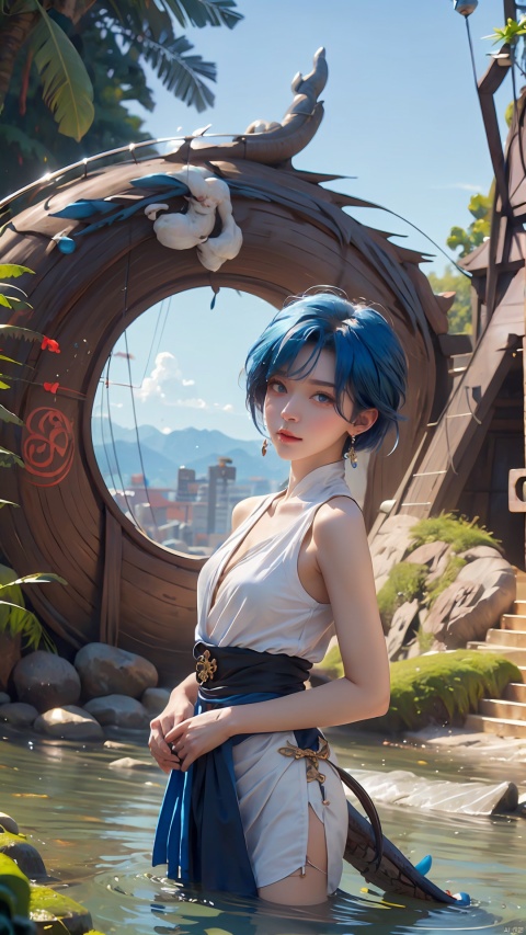  1girl,Wide angle lens,Blue tight fitting clothes,Short hair,bare shoulders, outdoor, blue hair, sky, solo, Blue eyes, earrings,wading, (white dragon), (\long yun heng tong\)