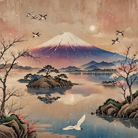 Gradient style illustration, illustration, starry sky, a Mt. Fuji, surrounded by lakes, birds, sunlight, flying snow