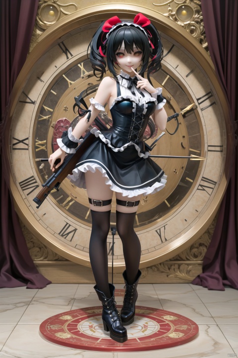 (best quality:1.5),(masterpiece:1.5),excellent facial detailing,intricate detail,great textures,(ultra high res),photorealistic,realistic,killer, PVC figure, 1girl, tokisaki kurumi, solo, weapon, gun, black hair, clock eyes, twintails, dress, long hair, thighhighs, hairband, boots, red eyes, lolita fashion, lolita hairband, rifle, heterochromia, clock, symbol-shaped pupils, smile, looking at viewer, yellow eyes, bare shoulders, medium breasts, breasts, full body, finger to mouth, roman numeral