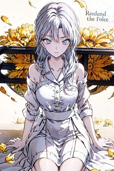  1girl, blue eyes, white long translucent night gown, expressionless, (white hair), hair cover one eye, long hair, blue hair flower, kneeling on lake, blood, (plenty of yellow petals:1.35), (white background:1.5), (English text), greyscale, monochrome,greyscale,monochrome,sketch,1 woman.blunt bangscut braid hair.(photorealstic  face).(ultradetailed:1.4).16K.bustshot.black and white  sequins front open off shoulder.redeyeliner.blackeyeshadow.bestquality.musterpiece.red neckbelt.
