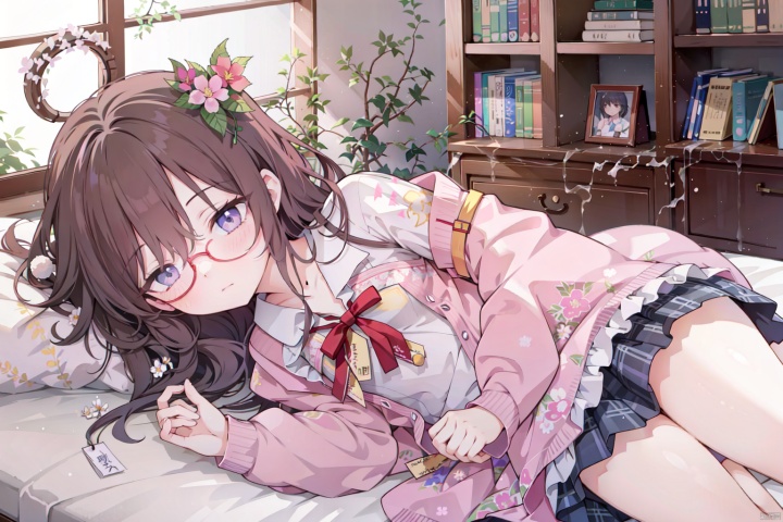  1girl,solo,braid,long hair,brown hair,hair ornament,purple eyes,shirt,ahoge,school uniform,cardigan,floral background,very long hair,pink cardigan,looking at viewer,flower,hairclip,ribbon,sleeves past wrists,off shoulder,plaid,neck ribbon,bangs,red ribbon,plaid skirt,closed mouth,collared shirt,adjusting eyewear,Marisa Kirisame (touhou) and Reimu Hakurei (touhou) sleeping next to each other in bed midsummer, in a Japanese shrine, 2 girls