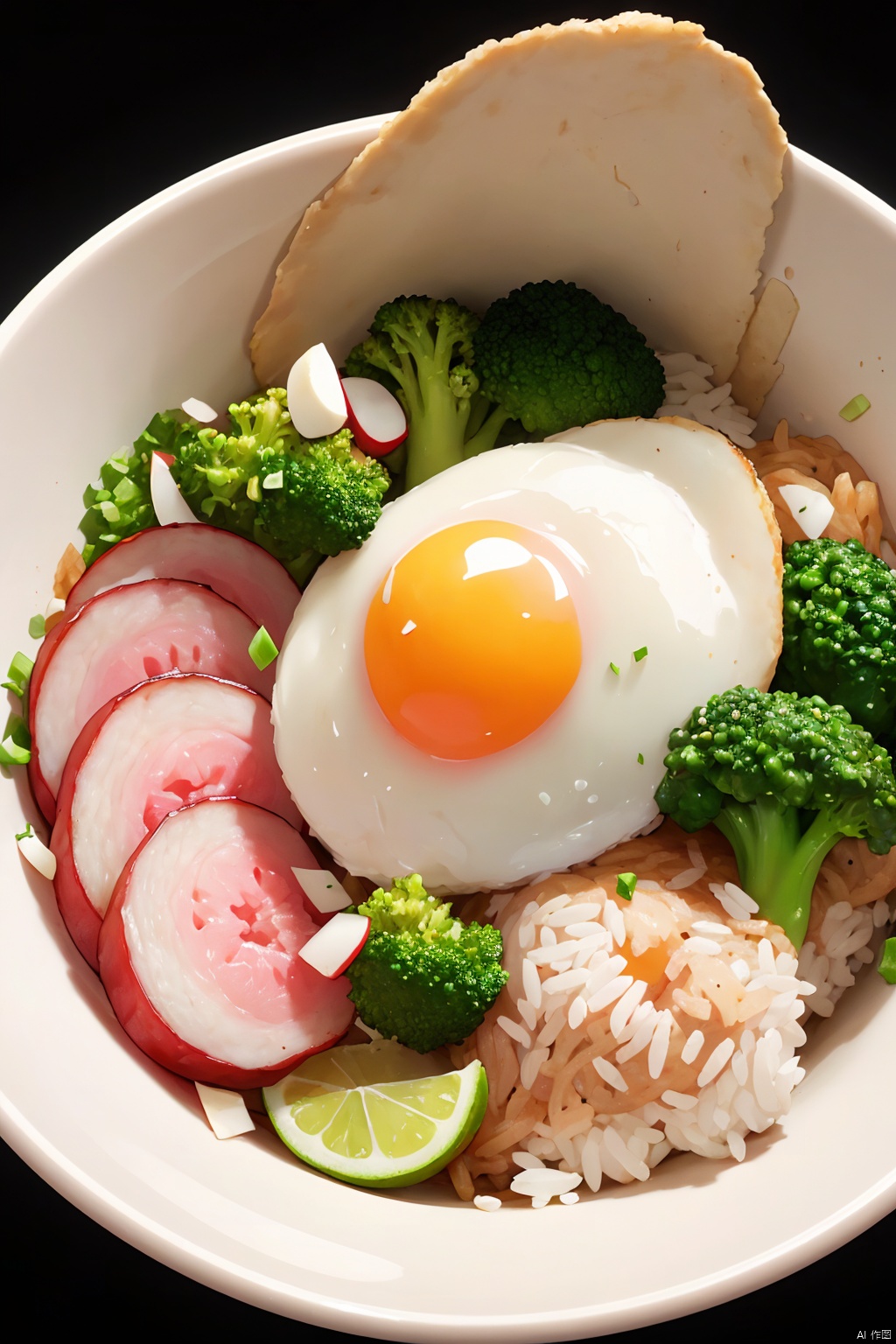 animation,animation,high quality,high resolution,rice bowl,fried egg,braised pork,diced radish,beans,rice,broccoli