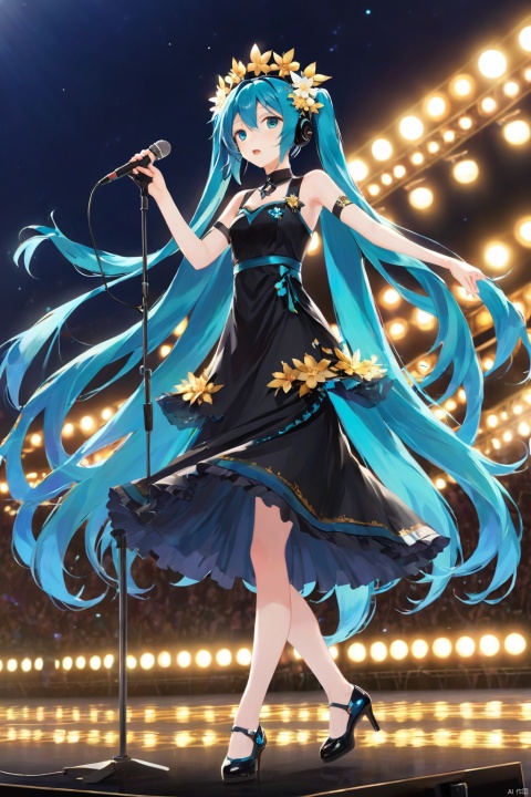ps \(medium \), 1 girl, high quality, best quality, Hatsune Miku, blue hair, small breasts, long hair, (prominent pupil :1.2), (long black dress 1.8, flower, gilt decoration, high heels, floral headdress), (Singing, microphone, holding microphone in both hands, sad mood), (stage, large outdoor stage, dim, Spotlight, breeze, fluttering hair), (whole body 1.8), night, stretch legs, (face :2.0), (side face 1.8), pose, (playing electricity guitar:1.4), (Passers-by, spectators, blur:1.3)