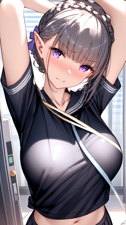  (masterpiece),(best quality),1girl, skirt, rating:safe, purple eyes, solo, serafuku, sailor collar, lifted by self, school uniform, pleated skirt, black shirt, clothes lift, navel, shirt, breasts, looking at viewer, black hair, open mouth, black skirt, blush, short hair, black serafuku, bangs, short sleeves, bow, indoors, collarbone, shirt lift, cowboy shot, window, blurry background, eyebrows visible through hair, purple bow，1girl, emilia_(re:zero), (normal breasts:1.3), (white hair, purple eyes, crown braid, pointy_ears:1.2), (gym uniform:1.3), (school infirmary) BREAK (looking side, looking away, head tilt:1.3), (close mouth, nose blush, clenching jaw:1.2), (busttape, measure:1.4), ( arms up, upper body:1.3) BREAK (4 finger, 1 thumb:1.2), (masterpiece:1.4), (best quality:1.4), ((ultra-detail)), (HDR:1.2), (detailed background), (ultra-detailed skin), (ultra-detailed face:1.2), (detailed eyes:1.2), (depth of field), illustration, vibrant colors, sharp focus, cinematic lighting, light particles, busttape, tape, measure, arms up, arms behind head, looking at viewer, pov, pov hands, large breasts, upper body, Emilia