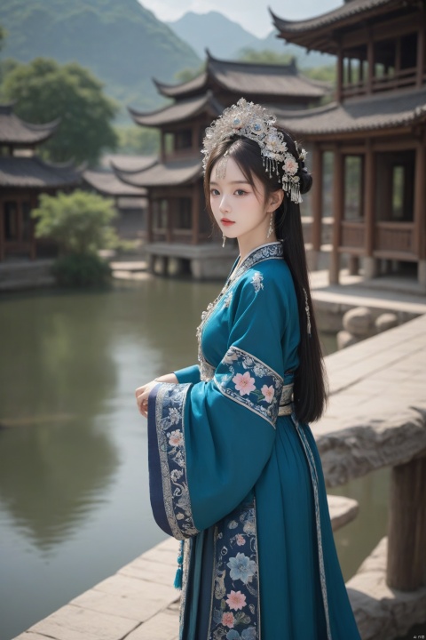  Detailed high, high precision, high quality, the UHD, 16 k, rich details, abundant element, shows that a girl, beautiful, lotus, lotus leaf, pearlygates, traditional clothing, clothing patterns, miao clothing headwear, Face Score, MAJICMIX STYLE, arien_hanfu, monkren,full-length mirror,Breast, huge,Dramatic clouds, mountains, rivers, ancient buildings,Guilin landscape, Guilin, Hangzhou,Sunny,shoes,,full body, MEINV, sunlight, 1girl, light master
