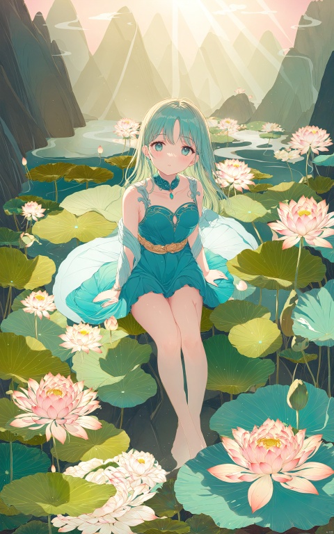 Clear face, masterpiece, ultra-detailed, epic composition, high quality, highest quality, 4k, a beautiful girl, turquoise dress, sitting on a large lotus leaf, lotus, sunlight