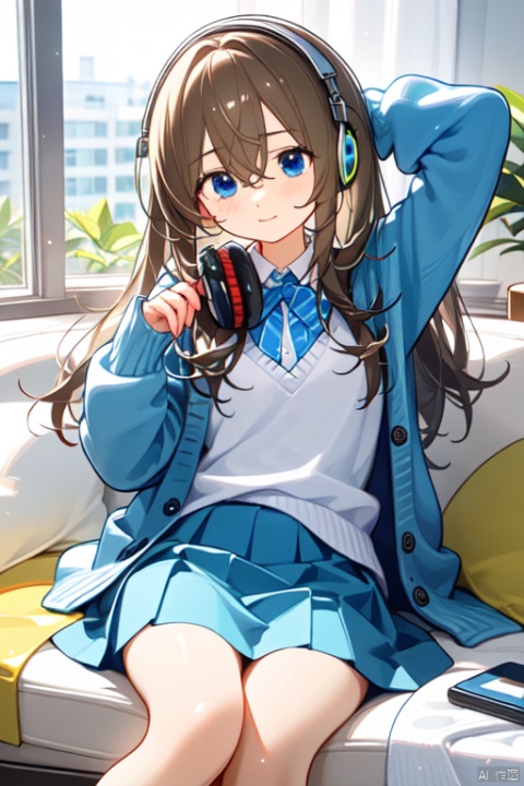 nakano miku, 1girl, solo, headphones around neck, blue eyes, brown hair, skirt, thigh, long hair, hair between eyes, blue cardigan, green skirt, long sleeves, cardigan, thigh