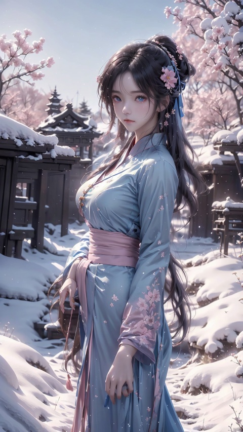  {fantasy theme,chines style},1girl, long hair, white hair, blue eyes, masterpiece, best quality,chinese clothes, hanfu, long sleeves, blue dress, hair flower, blue flower, eyesseye, Light master, flower, (\shuang hua\), yue , hair ornament , hanfu, Nebula, BY MOONCRYPTOWOW, tq, ajkds, tutultb, yunxi, chijian，An anime scene of two people standing on a snowy field with the sky in the background,inspired by Makoto Shinkai,beautiful peaceful field ((Makoto Shinkai style)),(pixiv,anime drawing,High resolution,pink sky,beautiful scene),art atmosphere,atmosphere:0.8,starry sky,hills,snow mountain,sparkling water,grass,trees,smoke,stars,low angle of view,specular light scattering