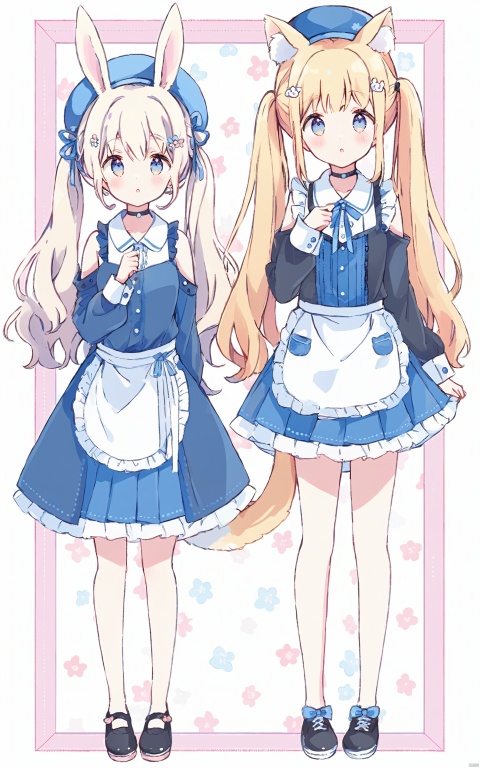  (masterpiece),(best quality)1girl, blue headwear, shirt, blue skirt, animal ears, solo, sleeveless, sleeveless shirt, long hair, very long hair, blue eyes, skirt, full body, blonde hair, animal ear fluff, blue shirt, hat, blush, white background, puffy long sleeves, holding, twintails, parted lips, bangs, shoes, puffy sleeves, :o, blue sleeves, standing, frills, rabbit ears, long sleeves, floral background, hair ornament, pleated skirt, looking at viewer, apron, collared shirt, bare shoulders, sleeves past wrists,2girl,sleeveless white button shirt,cat ears,cat tail,black short skirt,black choker,cute,(Kpop idol),(aegyo sal),(platinum blonde hair),((puffy eyes)),looking at viewer,full body,holding hand,facing front,bedroom