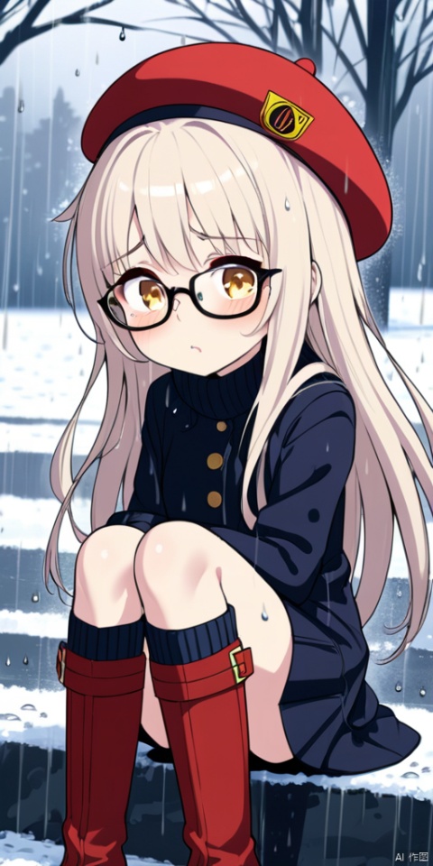  (masterpiece), (best quality),solo,1girl,long hair,beret,knee boots,winter,trees, rain, raindrops, Girl, glasses, dumbfounded expression, sitting, knee, ultra_detailed, (hyper_deformed:1.5), anime style