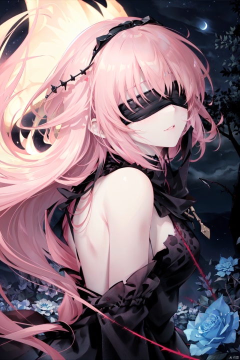 mature female, perfect hands, pink hair, ((black blindfold:1.2)), stargazing, pink forest, thorns, glowing lights, ((night:1.2)), ((windy:1.0)), sky, trees, flowers, glowing flowers, stars, Bloody tears, starrystarscloudcolorful