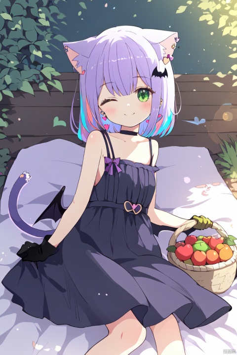  best quality, 1girl, one eye closed, demon wings, solo, tail, demon tail, dress, on side, wings, closed mouth, purple eyes, black dress, long hair, bare shoulders, multicolored hair, lying, hair ornament, smile, feet out of frame, stuffed toy, bangs, demon girl, star (symbol), frilled dress, looking at viewer, blush, stuffed animal, bare arms, frills, blurry, strap slip, depth of field, black wings, sleeveless dress, streaked hair, purple hair, grey hair, blue hair, bed sheet, pillow, bat hair ornament, blurry background, very long hair, ear piercing, earrings, collarbone, object hug, hair between eyes, bow, sleeveless, choker，(female): solo, (perfect face), (detailed outfit), (20 years old), (chibi), (((heart:1.3))), fruit farmer, (cat ears:1.2), happy, smiling, (dancing), purple hair, short hair, bob cut hair, green eyes, light skin, (denim overalls), (rubber boots), straw hat, (basket of fruits), (gardening gloves)

(background): from front, outdoor, orchard, (fruit trees), (ladder), (baskets), (birds), morning, sunny

(effects): (masterpiece), (best quality), (sharp focus), (depth of field), (high res), more_details:-1, more_details:0, more_details:0.5, more_details:1, more_details:1.5