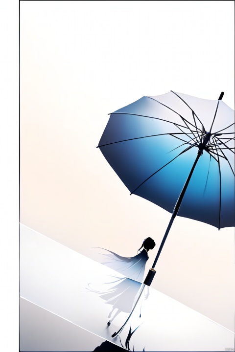  
/I Foreground a tree, Chinese beauty holding an umbrella, cyan and white color matching, ink painting minimalist style, large white space, tulle translucent material, soft gradient, perspective aesthetics