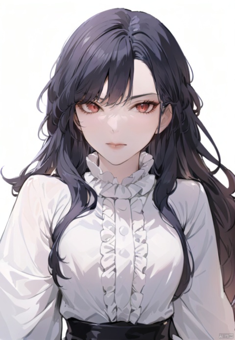  (best quality), ((masterpiece)), (highres), illustration, original, extremely detailed,solo, black hair, long hair, red eyes, looking at viewer, portrait, white background, closed mouth, shirt, simple background, white shirt, lips, 1girl, frills