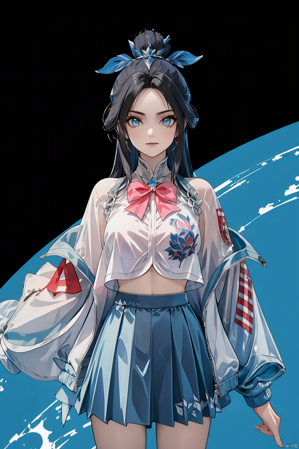  Long hair, light blue hair, pink streaks of hair, space bun hairstyle, flower hairpin, blue eyes, long-sleeve, button-up white shirt, a gray jacket with blue-green stripes, a red bow, dark blue-green pleated skirt, school background, add_detail:1, add_detail:0, add_detail:0.5