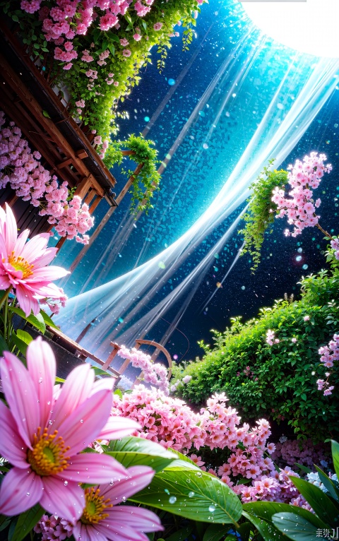 Wallpaper,fantasy hanging garden,blue sky,floating sea of flowers,colorful flowers,Crystal Fountain,HD Detail,Wet Watermark,Ultra Detail,Cinematic,Hyper Realism,Soft Light,Deep Field Focus Bokeh,Ray Tracing,Diffuse extra fine glass reflections and Hyper Realism