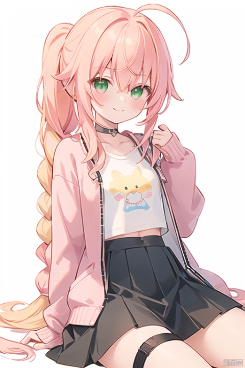  (masterpiece), (best quality),artist azure, 1girl,loli, solo, pink hair, ahoge, sitting, skirt, green eyes, looking away, smile, black skirt, long hair, looking to the side, long sleeves, bangs, hair between eyes, closed mouth, hand between legs, between legs, yellow background, blush, sleeves past wrists, pink cardigan, jacket, thigh strap, simple background, pink jacket, cardigan, virtual youtuber, two-tone background,[artist mmd],masterpiece,best quality,illustration,city street,1girl,mordred\(fate\),cowboy shot,skinny,collarbone,detailed blonde hair ponytail braid,green eyes,red leather jacket,white crop top,denim shorts
