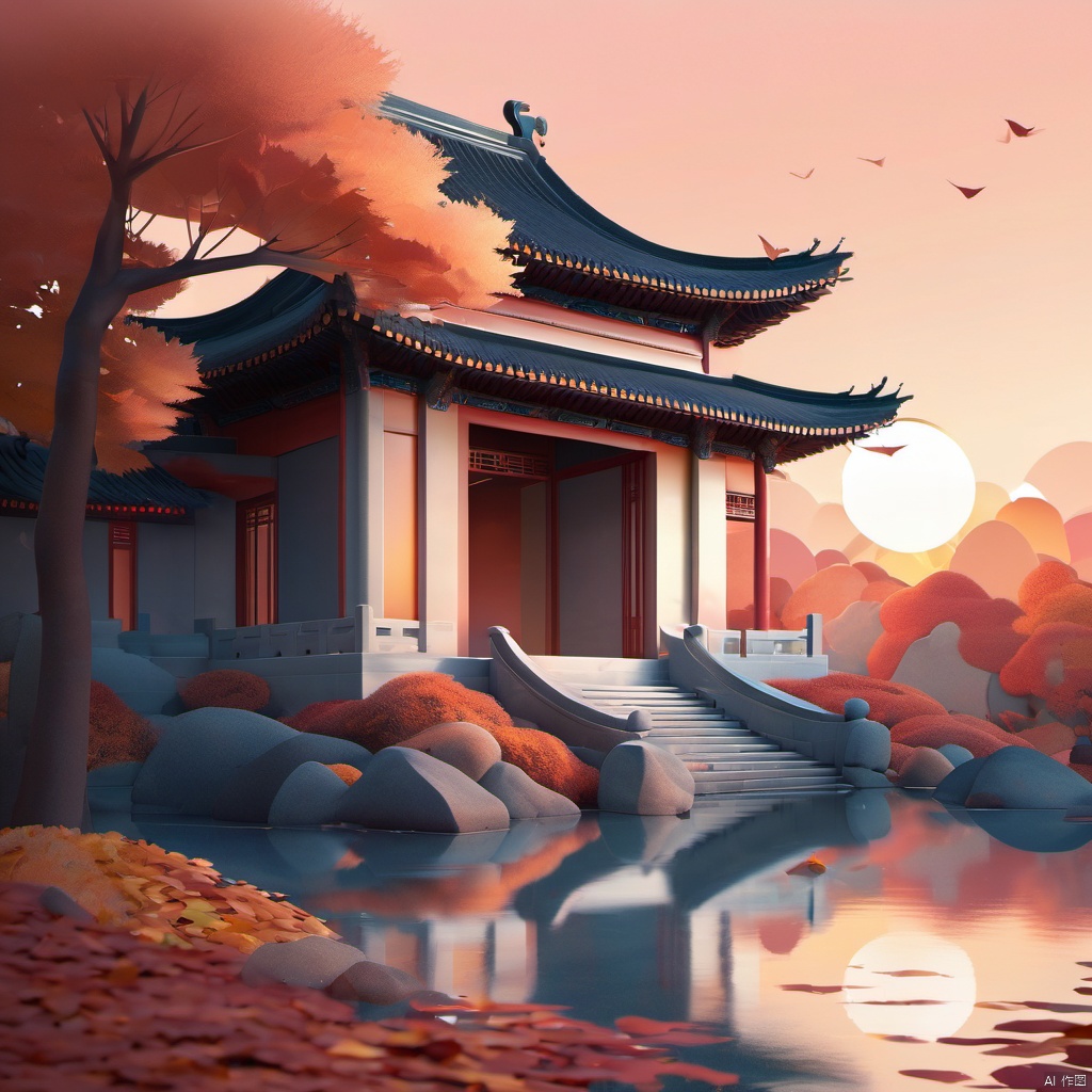 (Chinese landscape), (Zen, Amy Sol style), (Autumn, autumn leaves, fallen leaves, sunset, architecture), cover art with light abstraction, abstract, simple vector art, contemporary Chinese art, color gradients, soft color palettes, layered forms, whimsical animation, style Ethereal abstract, 4K