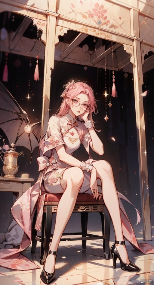  High quality, ultra high definition, surreal, highest resolution, high detail, clear visuals, girl, full body portrait, sapphire eyes, red lips, exquisite facial features, looking at the camera, (facial close-up), ((pink hair)), mid chest, (round neck), tall figure,, high heels,gym,PinkMecha,latex,4k,极致细节,****,油亮的乳胶衣,Chinese cheongsam,siting,(wearing exquisite glasses"。,FF pink eyes,sitting in a Chinese-style garden pavilion，a drawing of a man with a sword and a demon,beautiful male god of death,mohrbacher,inspired by Shunk sai Hokush,in the art style of mohrbacher,asura from chinese myth,the god of chaos,inspired by Ryk­sai Jokei,in style of peter mohrbacher