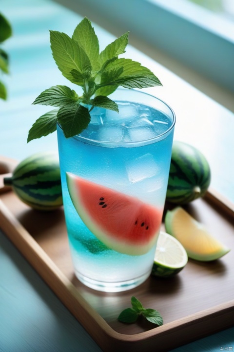 In summer,a cool iced drink,glass,good-looking glass,perfect glass,sparkling water,blue to green gradient,mint,lemon,placed on a wooden tray with a few pieces of watermelon next to it