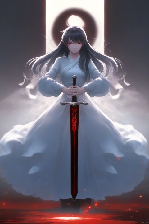  1girl, closed_mouth, dress, full_body, hair_ornament, holding, holding_sword, holding_weapon, long_hair, long_sleeves, looking_at_viewer, red_eyes, simple_background, solo, standing, sword, twintails, very_long_hair, weapon, white_background