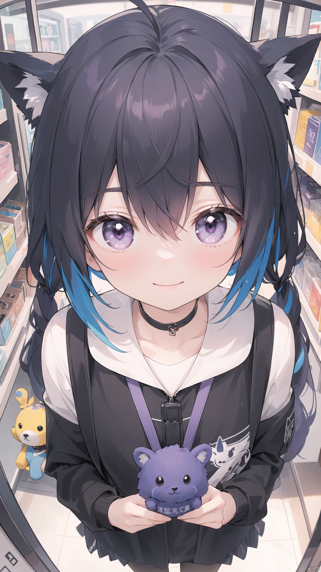  masterpiece,best quality,(colorful:1.4),from above,solo,1girl standing in a store with lots of stuffed animals on the shelves and a bag of stuff,black and blue hair color,purple eyes,smiling,depth of field,fisheye lens