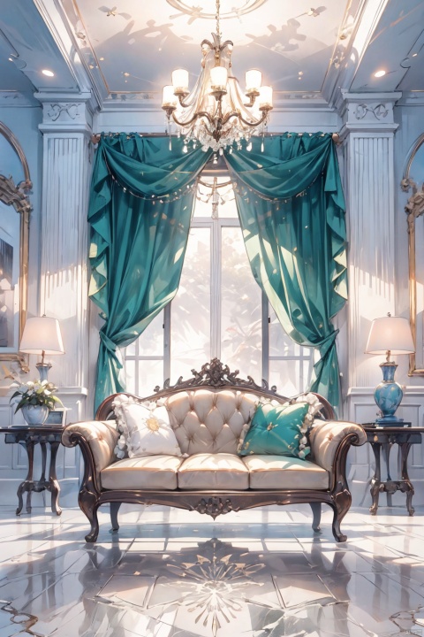 High quality, masterpiece, interior scene, cartoon game scene, luxury hotel lobby, luxury marble floor, white marble curtain wall, solid wood door, light wood furniture, leather sofa, lush green flower pot, rich details, movie lighting, 16K, game illustration