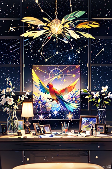  illustration of parrot, allure of starry night sky with myriad of twinkling stars, constellations, Milky Way, window art, glass painting, transparent designs, colorful patterns, light-filled displays, creative installations, temporary creations