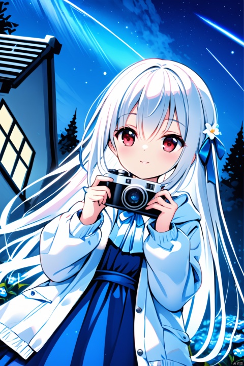  (masterpiece), (best quality), illustration, ultra detailed, hdr, Depth of field, (colorful), loli, 1girl, solo, long hair, bangs, hair ornament, red eyes, long sleeves, ribbon, holding, hair between eyes, jacket, hair ribbon, upper body, flower, white hair, outdoors, parted lips, open clothes, sky, cloud, hood, tree, hoodie, night, looking away, white jacket, hood down, white flower, building, star \(sky\), night sky, hooded jacket, starry sky, camera, holding camera, shooting star, telescope,a girl, zettai ryouiki, Exposing cleavage, glossy hair, Very long hair, bluesky, shiny, medium chest circumference, cloud, day, bluedress, lying, blue flower, closed mouth, smile