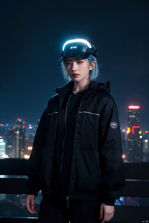 1girl,lady with cybernetic parts,glowing visor,short light blue hair,techwear,oversized black jacket,skyscraper outdoors,neon rim light,night,rain,volumetric lighting,realistic,cowboy shot